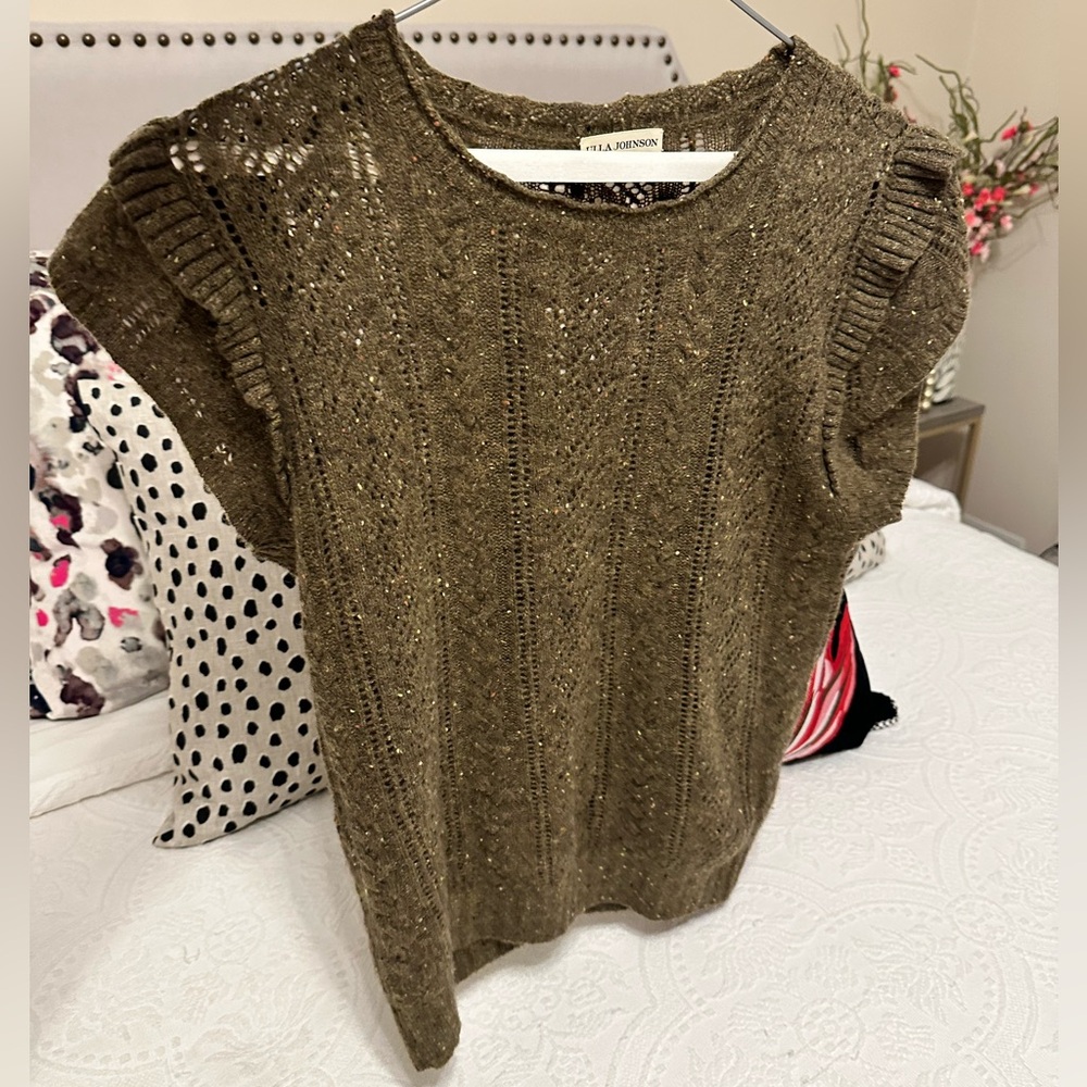 Ulla Johnson Amara Olive Green Cashmere Flutter Sleeve Top size 6